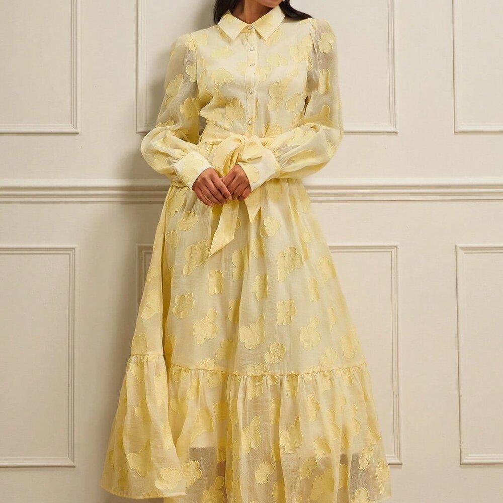 Pale Yellow Casual Womens Jacquard Chiffon Shirt Dress with Collar and Bow Waist - Picture 5 of 7